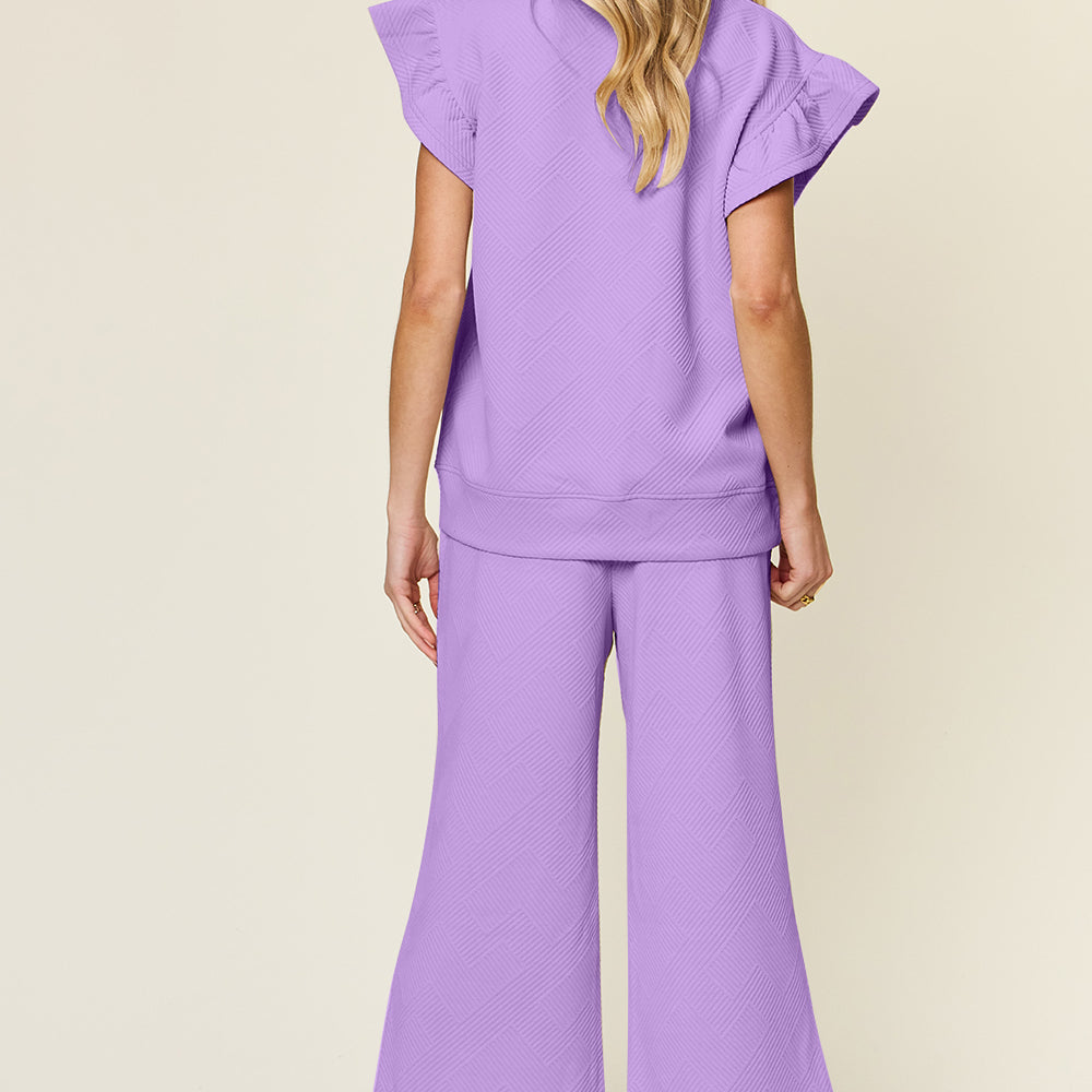 
                      
                        Texture Ruffle Short Sleeve Top and Drawstring Wide Leg Pants Set
                      
                    