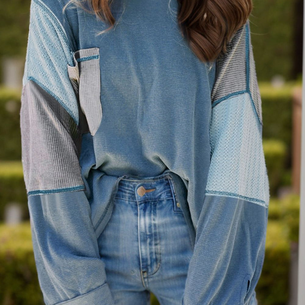 Patchwork Color Block Round Neck Long Sleeve Top