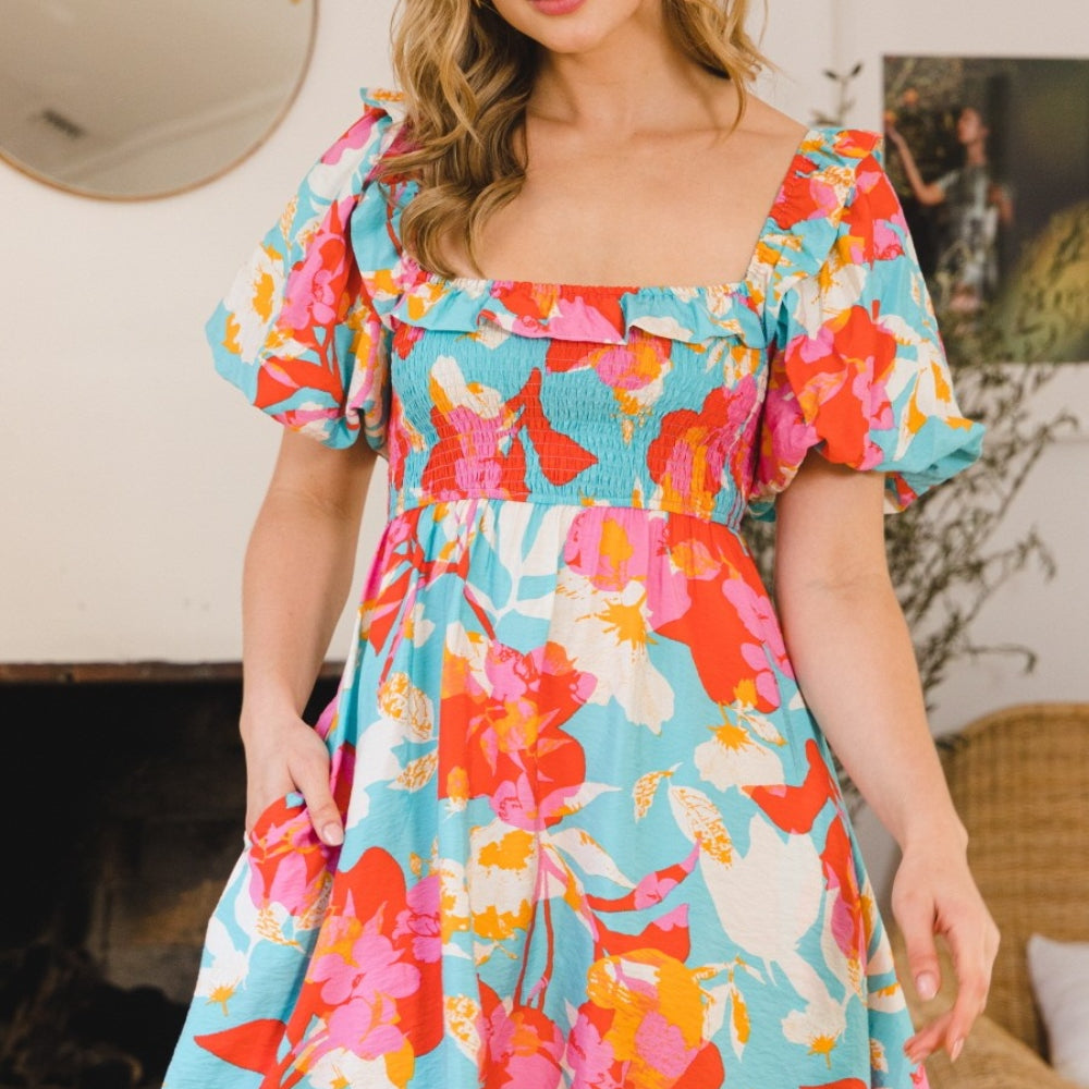 Printed Smocked Puff Sleeve Mini Dress