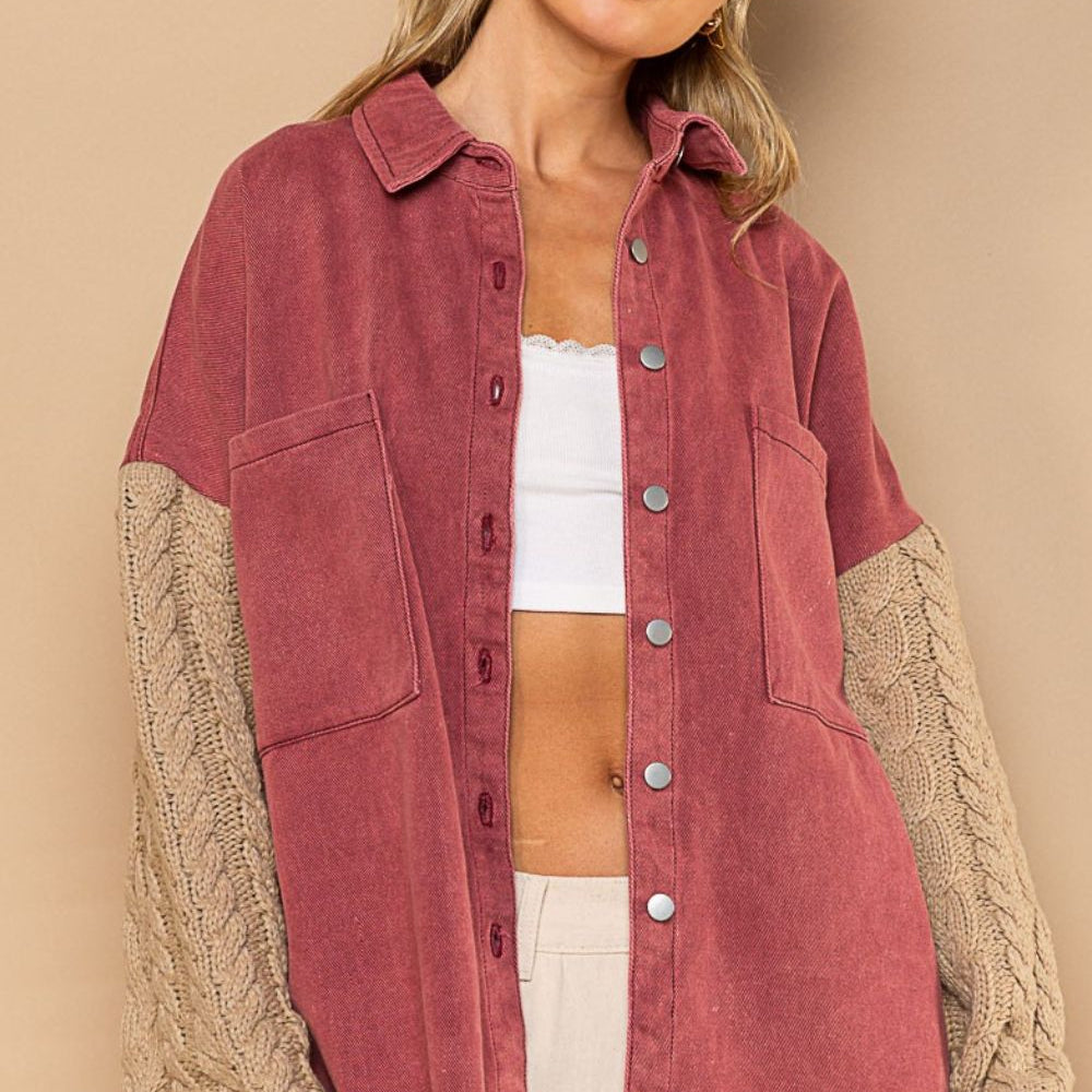 
                      
                        Contrast Sweater Sleeve Button Down Shacket
                      
                    