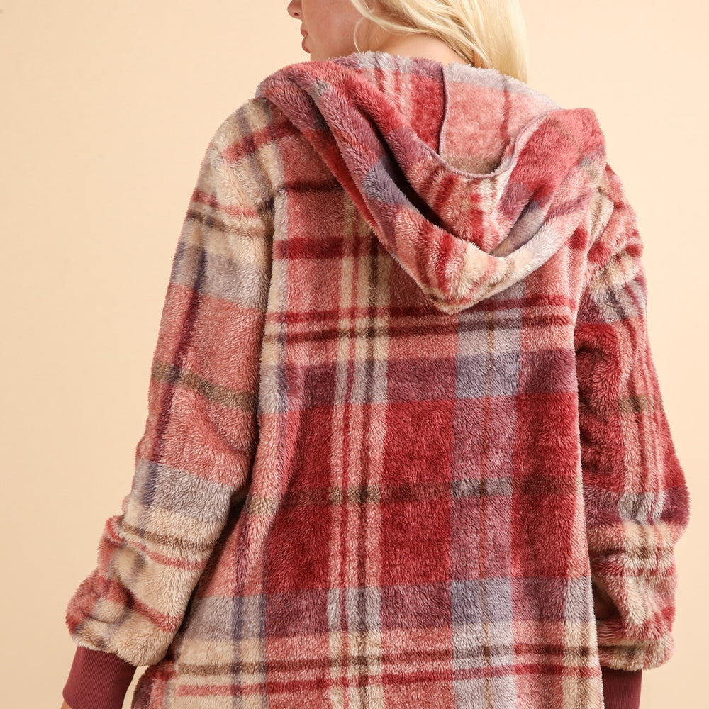 Fuzzy Plaid Long Sleeve Hooded Jacket