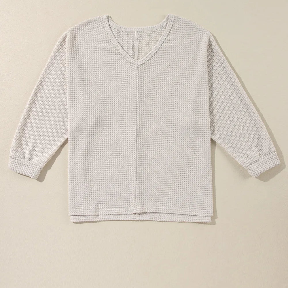 
                      
                        Waffle-Knit Slit V-Neck Long Sleeve Blouse
                      
                    