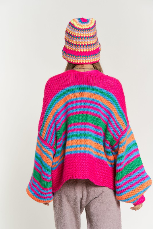 
                      
                        Chunky Knit Multi-Striped Open Sweater Cardigan
                      
                    