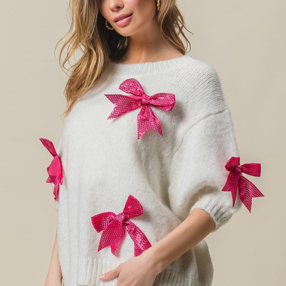 Sequin Bow Puff Sleeve Sweater