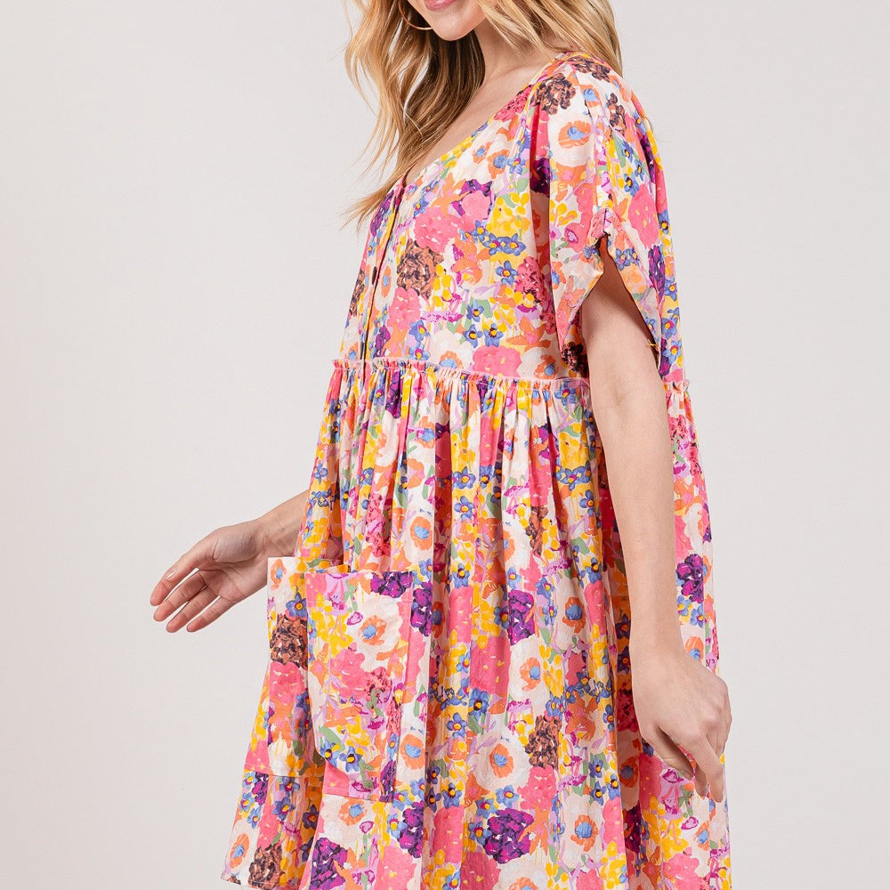 
                      
                        Floral Short Sleeve Babydoll Dress with Pockets
                      
                    