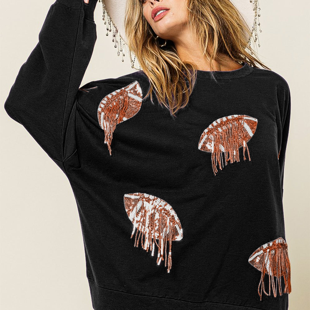 Sequin Fringe Football Patch Round Neck Sweatshirt