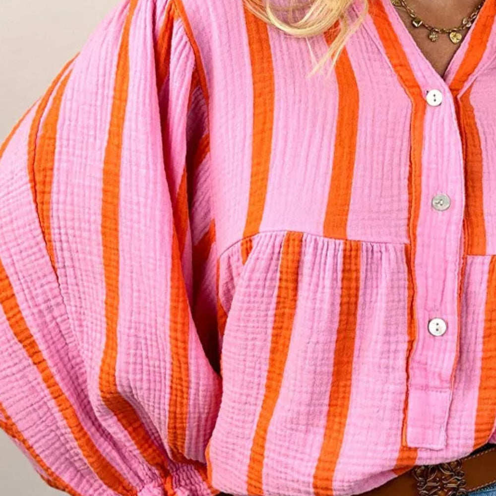 Striped Notched Long Sleeve Blouse