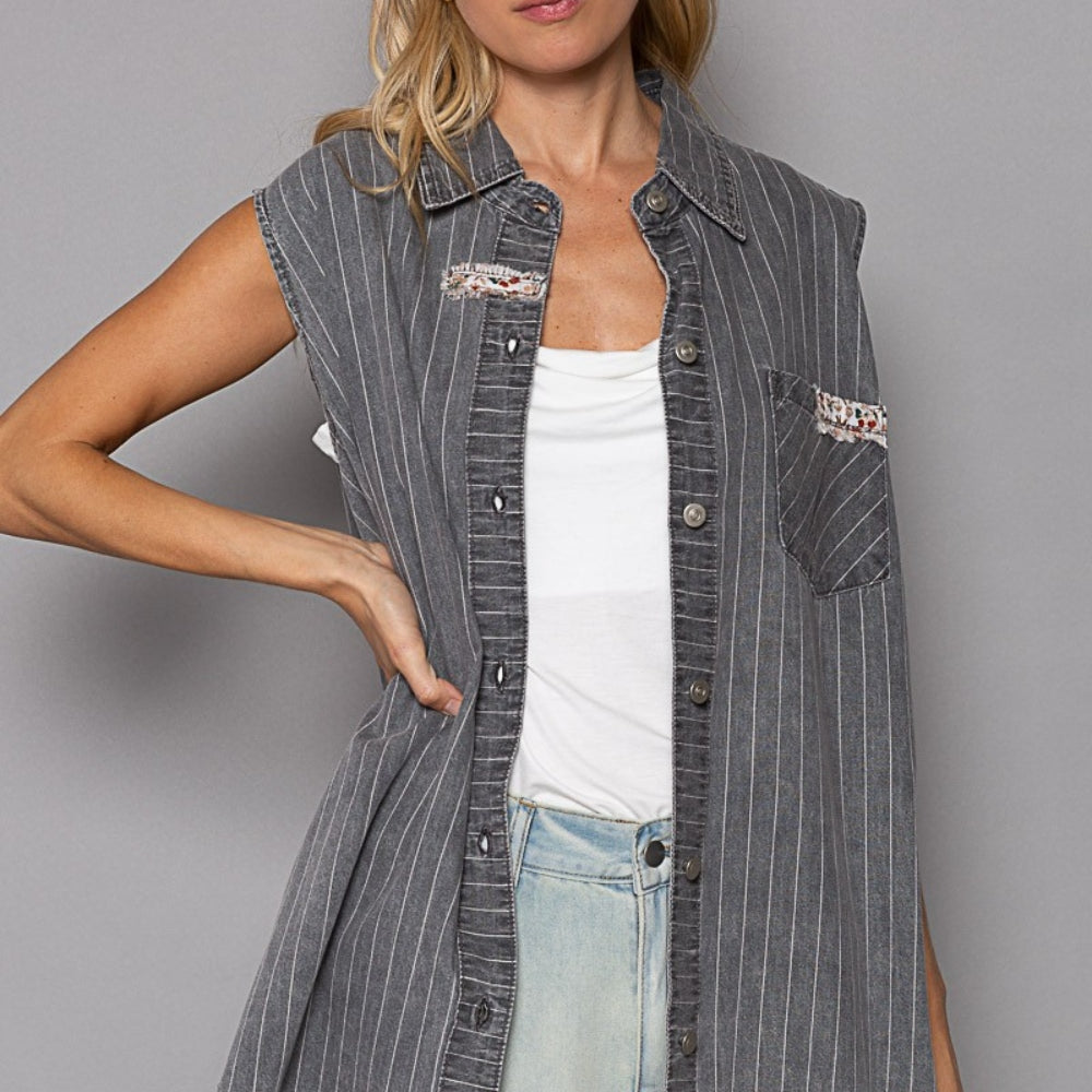 
                      
                        Button Down Sleeveless Striped Denim Shirt
                      
                    