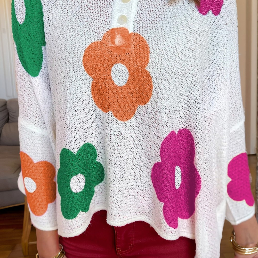 Flower Round Neck Quarter Button Knit Top