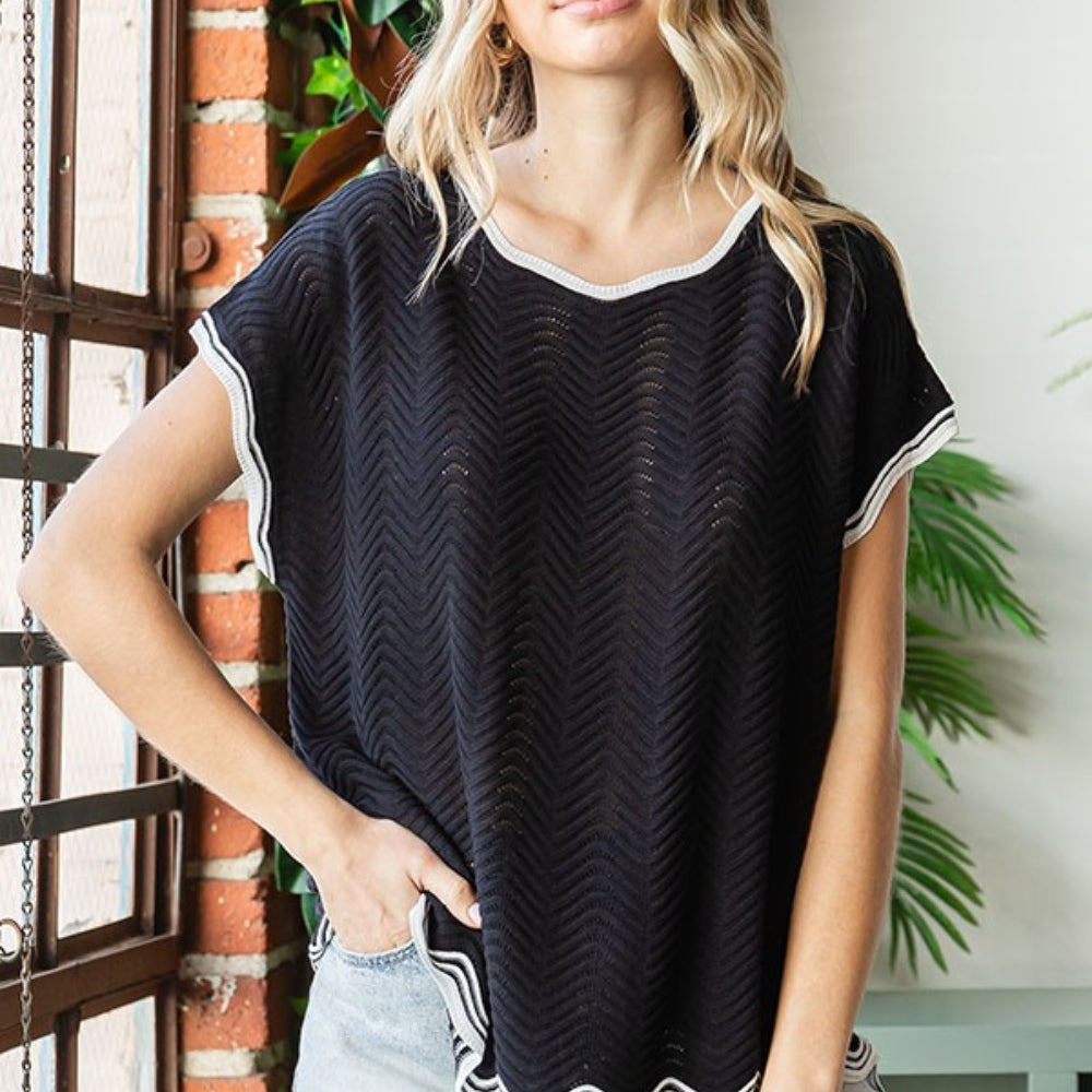 Contrast Wavy Crochet Drop Shoulder Knit Top