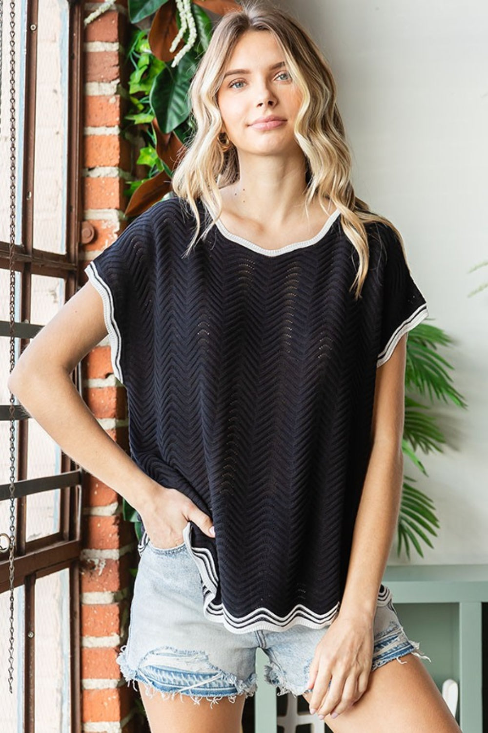 Contrast Wavy Crochet Drop Shoulder Knit Top