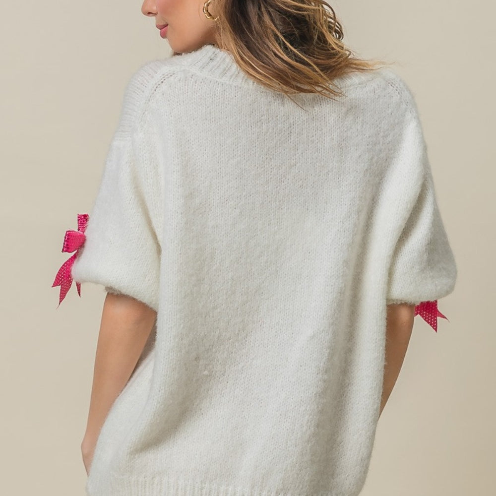 Sequin Bow Puff Sleeve Sweater