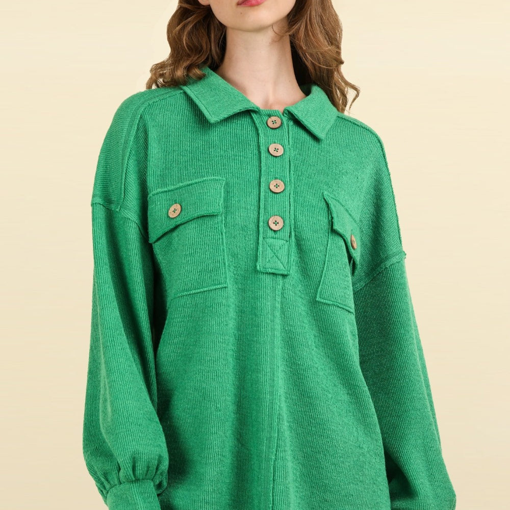 Collared Half Button Knit Top with Pockets