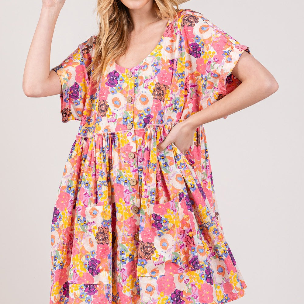 
                      
                        Floral Short Sleeve Babydoll Dress with Pockets
                      
                    