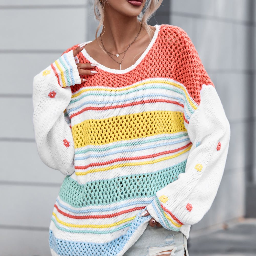 
                      
                        Openwork Striped Round Neck Long Sleeve Sweater
                      
                    