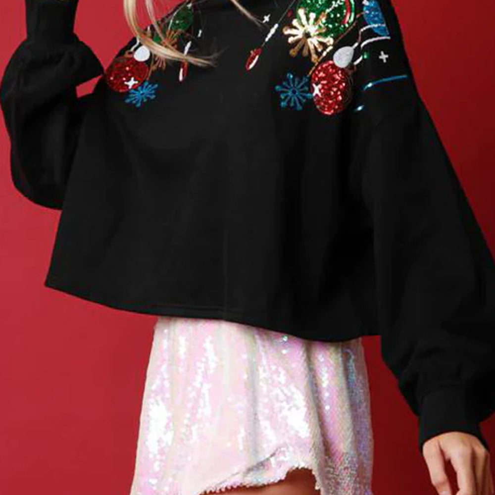 Sequin Ornaments Round Neck Dropped Shoulder Sweatshirt