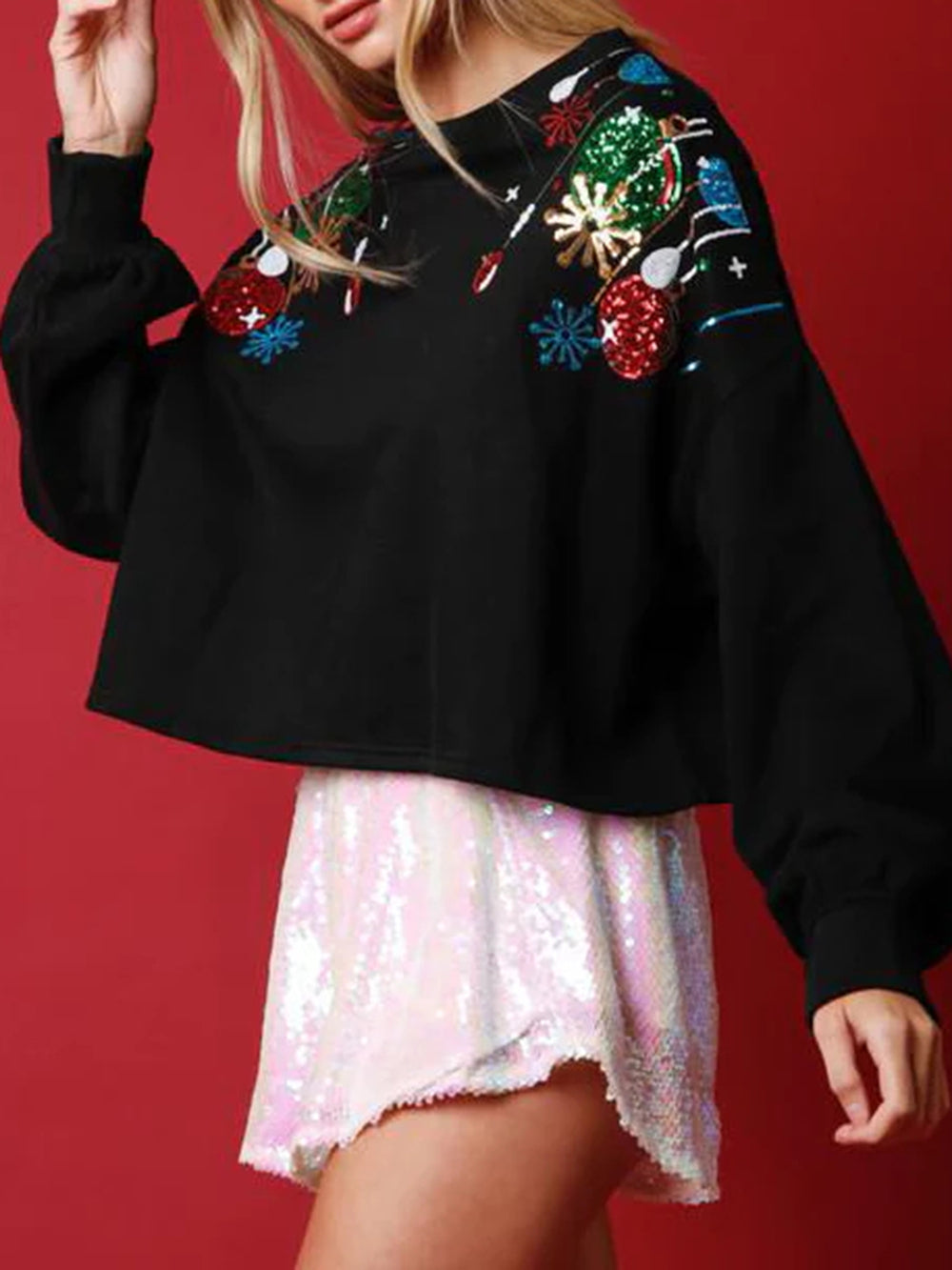 Sequin Ornaments Round Neck Dropped Shoulder Sweatshirt