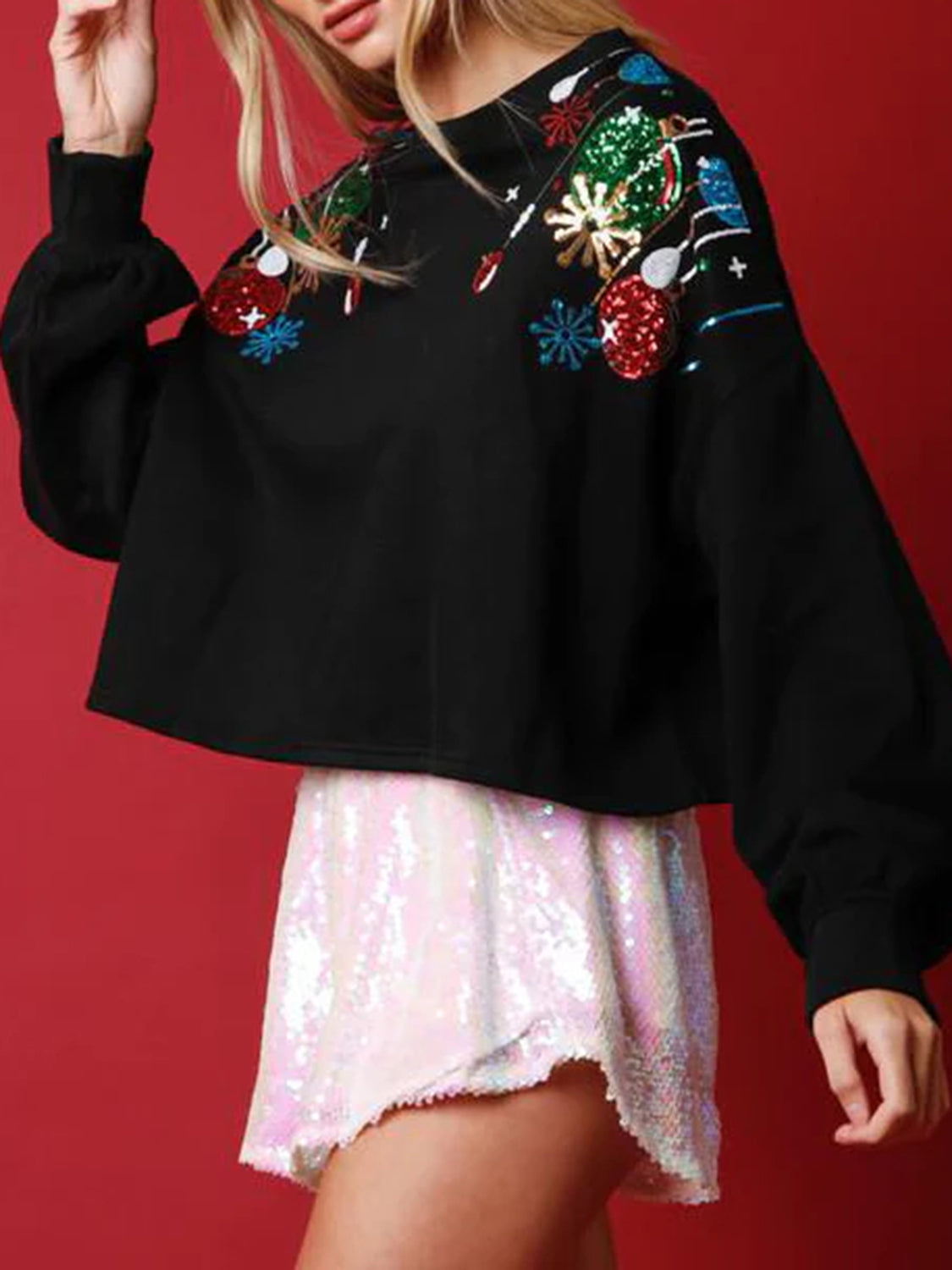 Sequin Ornaments Round Neck Dropped Shoulder Sweatshirt