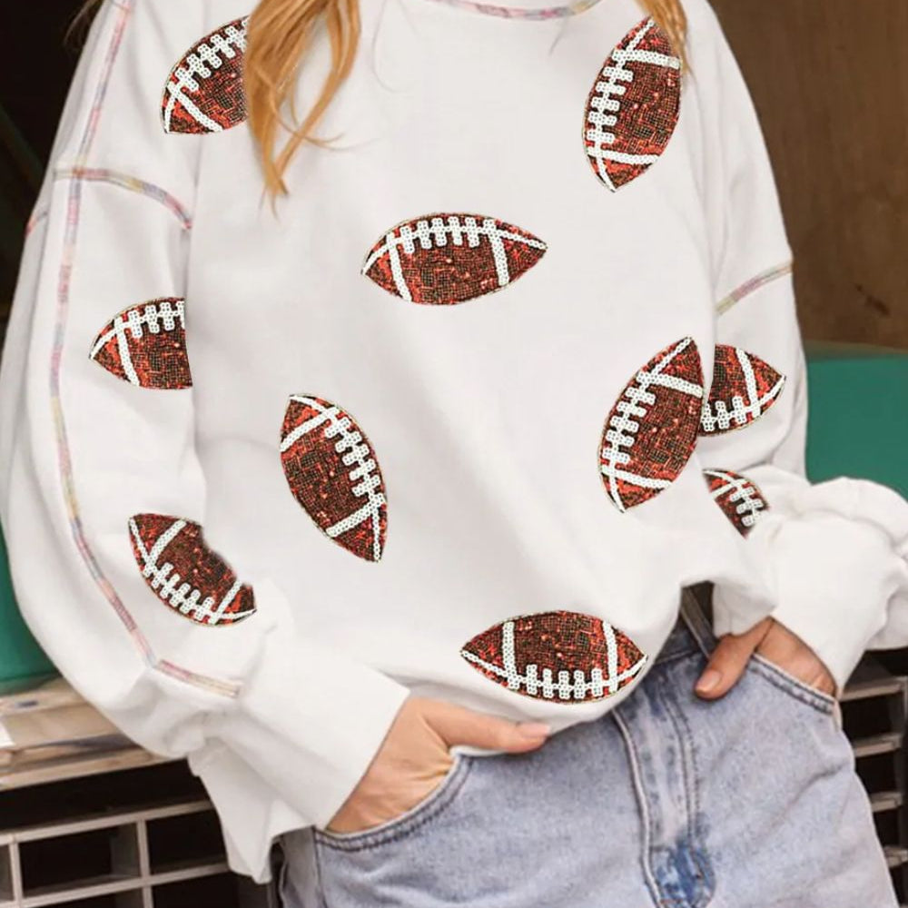 Sequin Football Round Neck Long Sleeve Sweatshirt