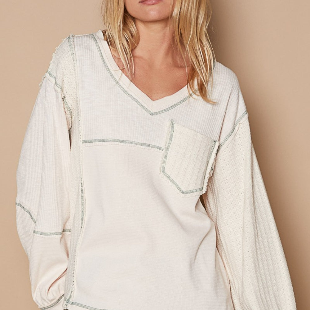 V-Neck knit Panel Exposed Seam Top