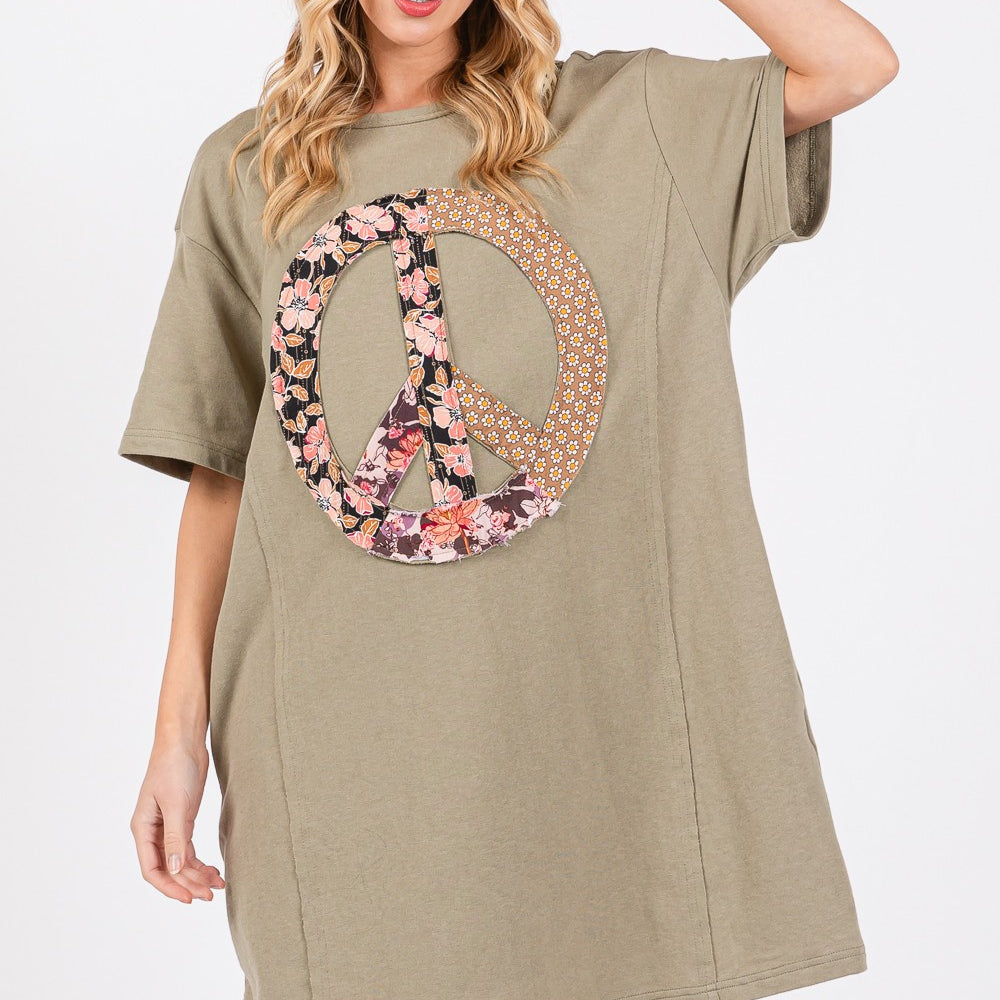 Peace Sign Applique Short Sleeve Tee Dress