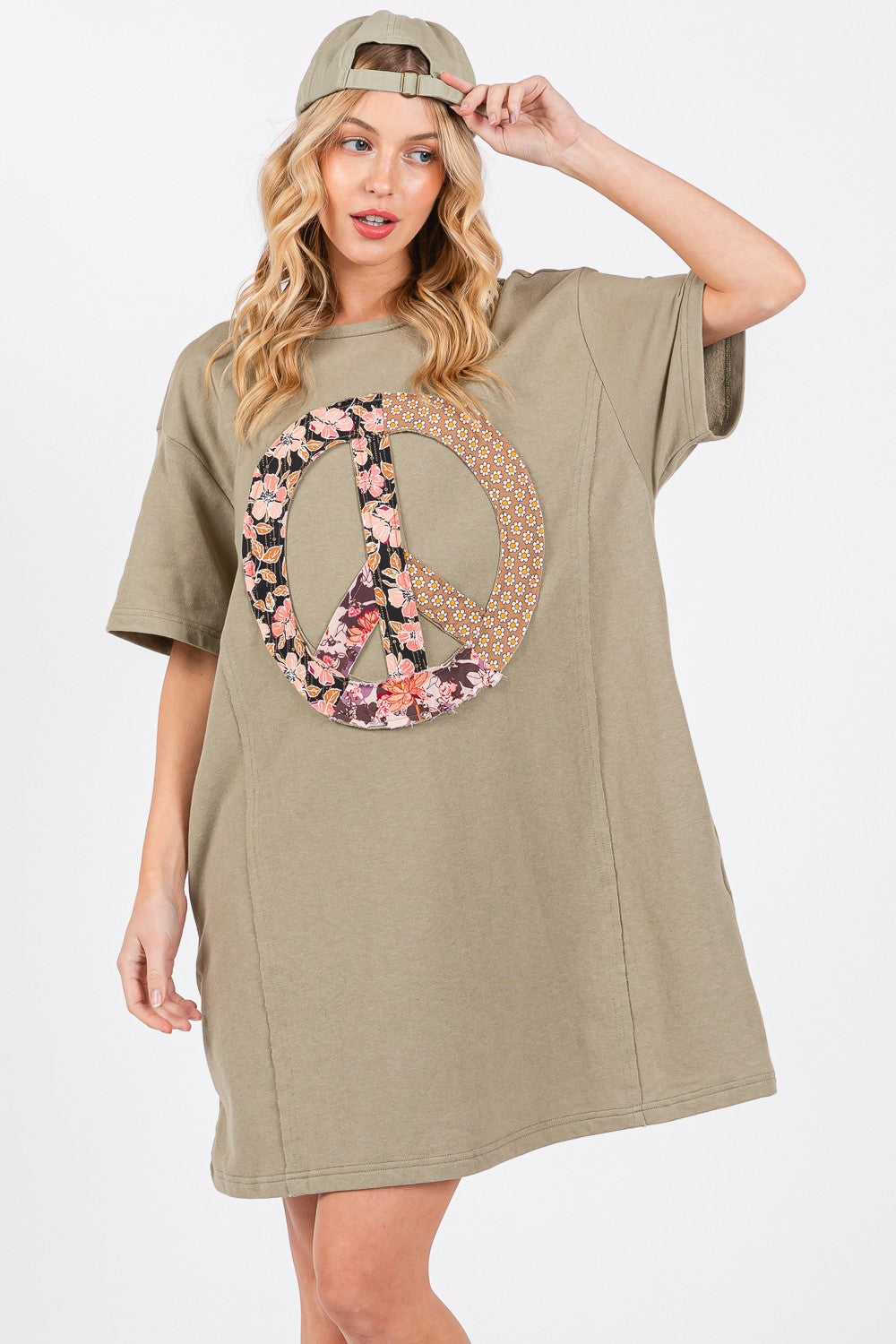 Peace Sign Applique Short Sleeve Tee Dress