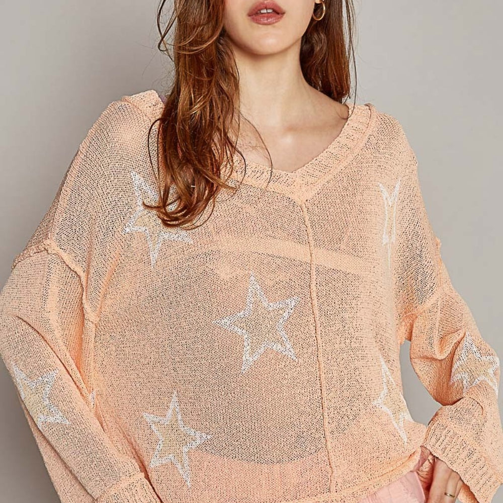 
                      
                        V-Neck Long Sleeve Star Print Knit Top
                      
                    