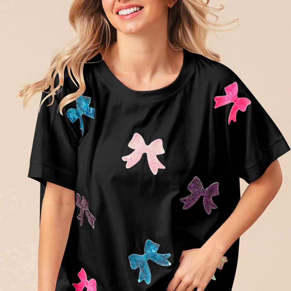 Sequin Bow Patch Short Sleeve T-Shirt