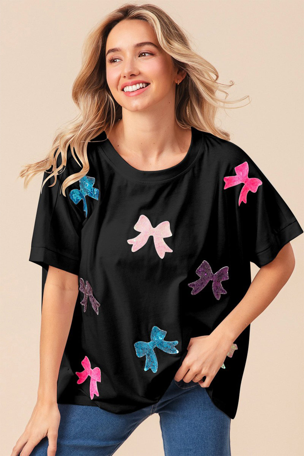 Sequin Bow Patch Short Sleeve T-Shirt