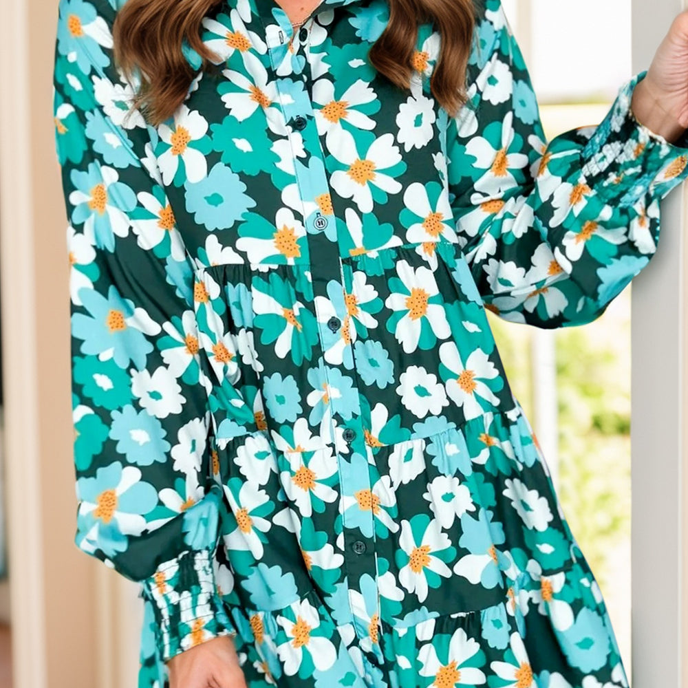 
                      
                        Printed Collared Neck Lantern Sleeve Mini Dress
                      
                    