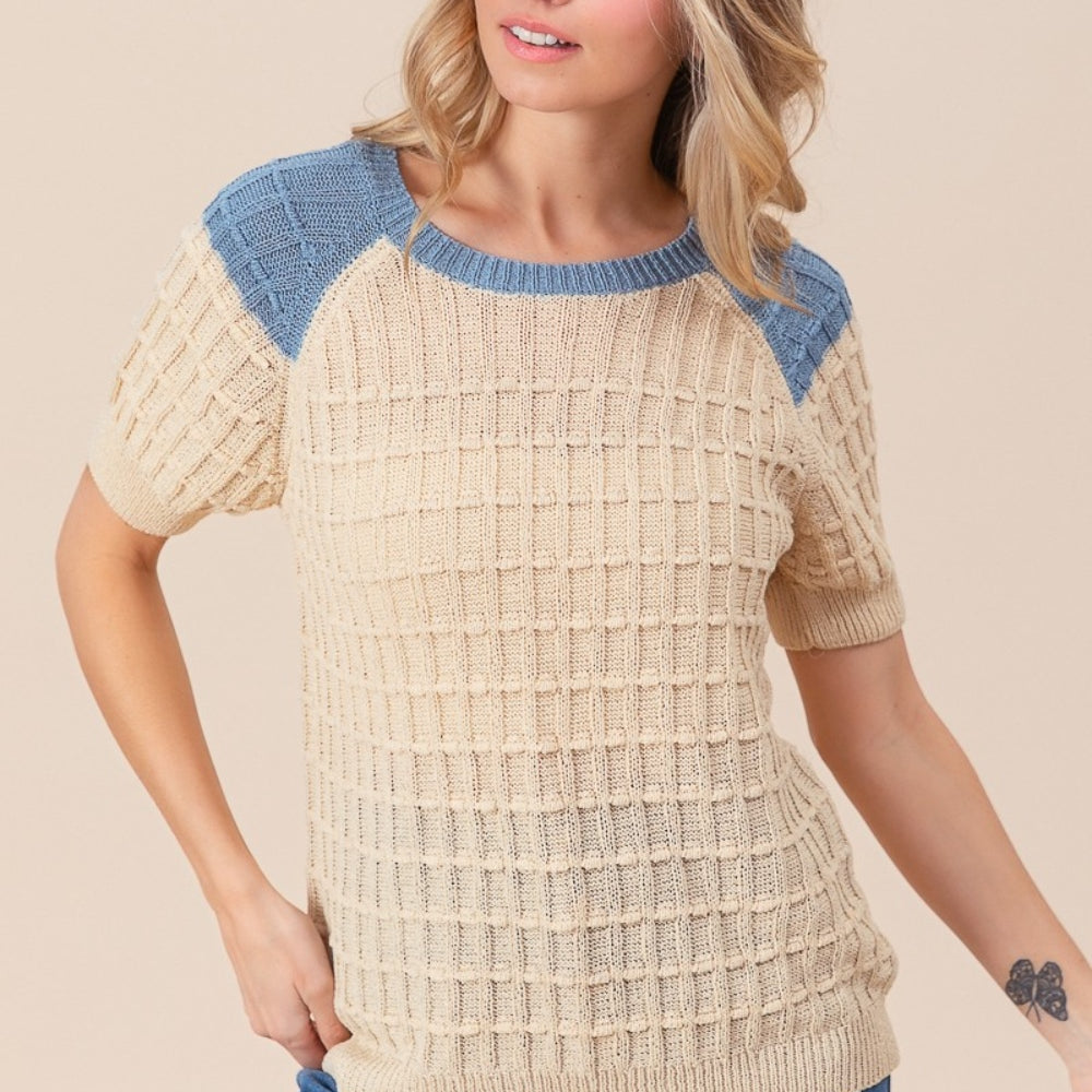 
                      
                        Textured Contrast Short Sleeve Sweater
                      
                    