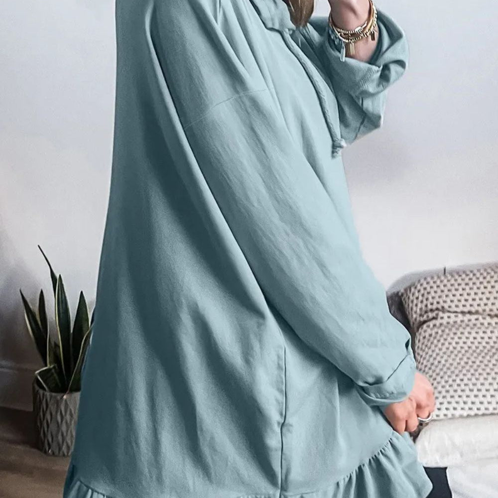 Drawstring Ruffled Dropped Shoulder Long Sleeve Hoodie