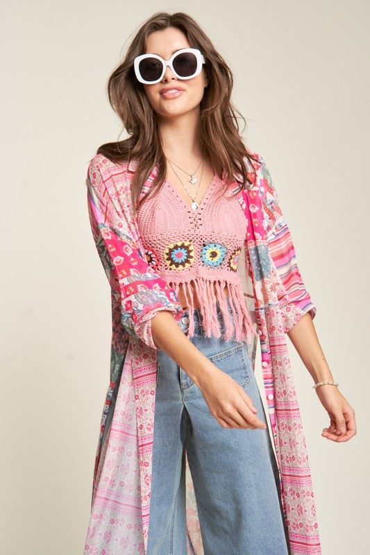 
                      
                        Mesh Print Mix Matched Button Front Cover Up
                      
                    