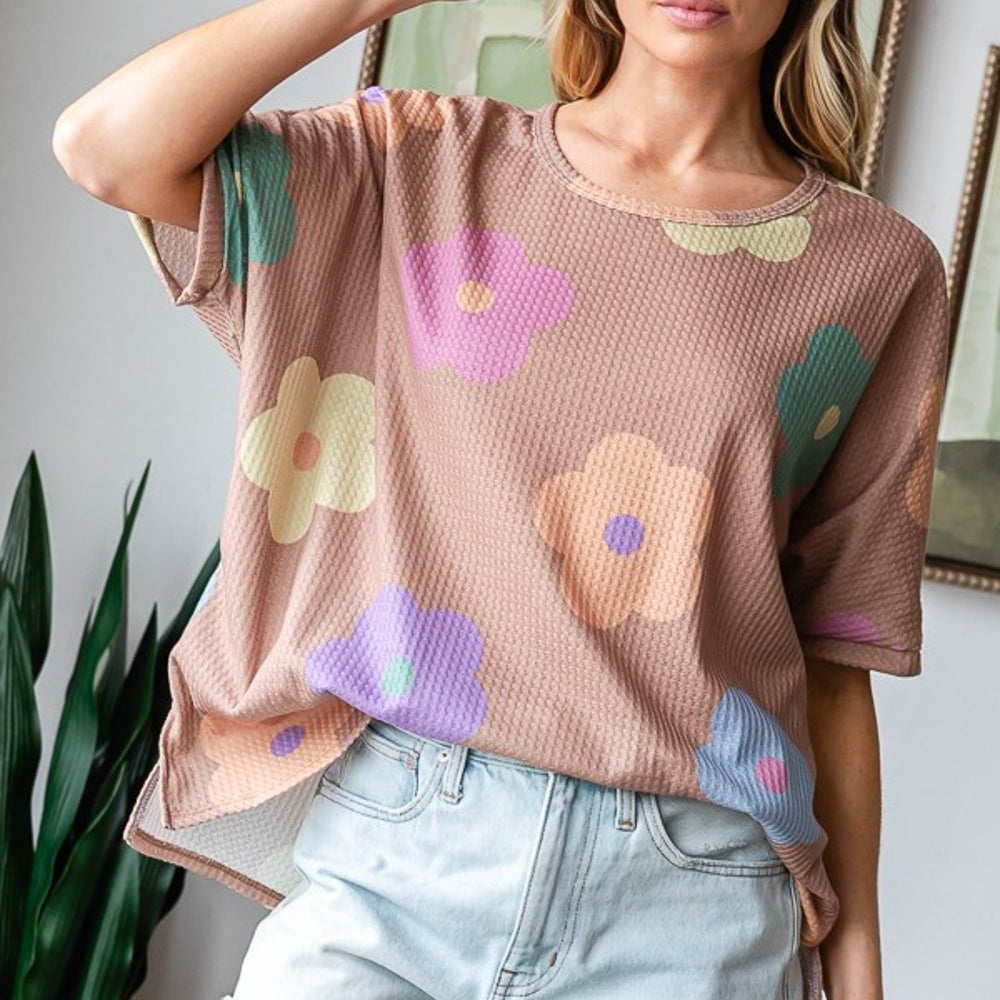 Floral Round Neck Side Slit Waffle T-Shirt