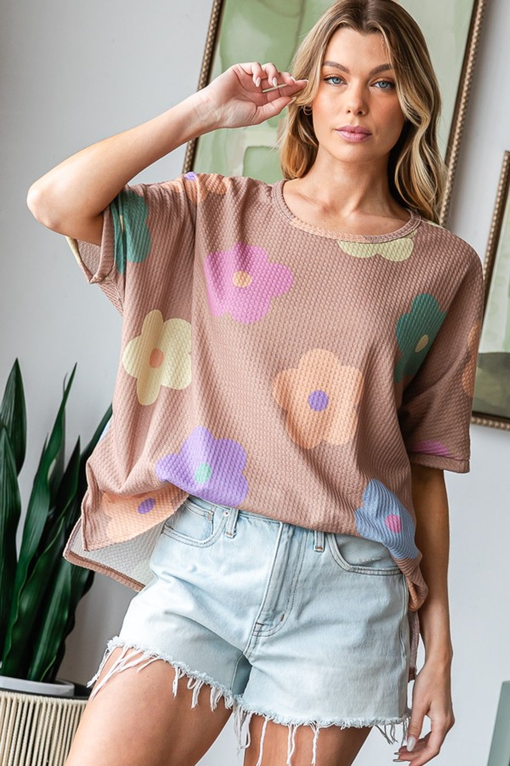 Floral Round Neck Side Slit Waffle T-Shirt