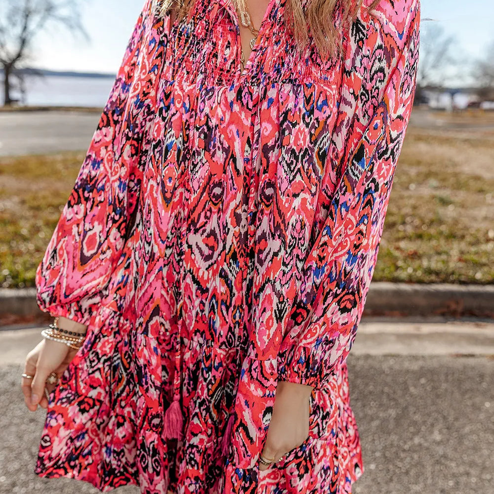 
                      
                        Tassel Printed Tie Neck Long Sleeve Dress
                      
                    