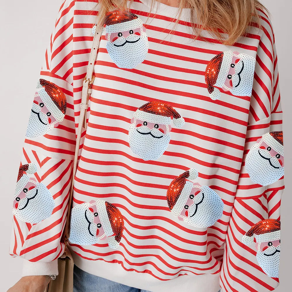 Sequin Santa Striped Round Neck Long Sleeve Sweatshirt