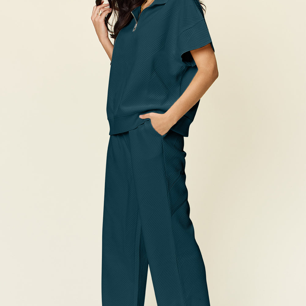 
                      
                        Texture Half Zip Short Sleeve Top and Pants Set
                      
                    