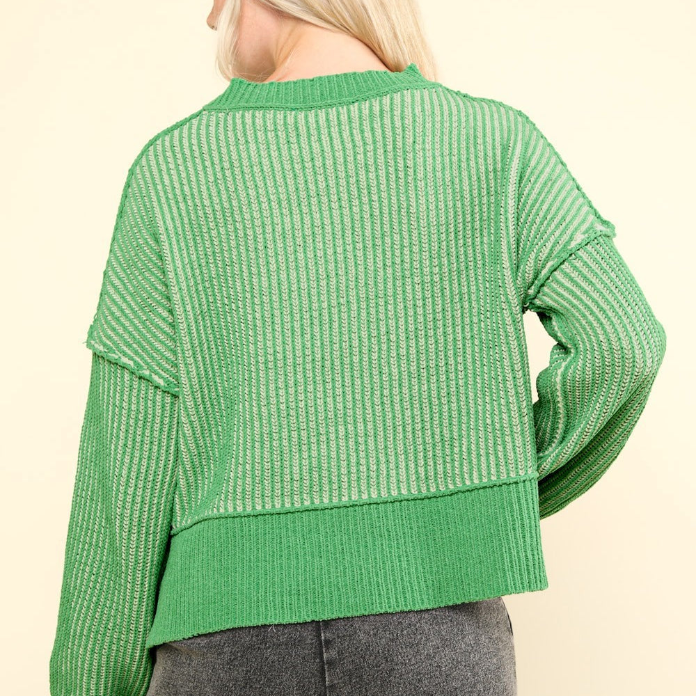 Exposed Seam Cropped Striped Slit Sweater - Green