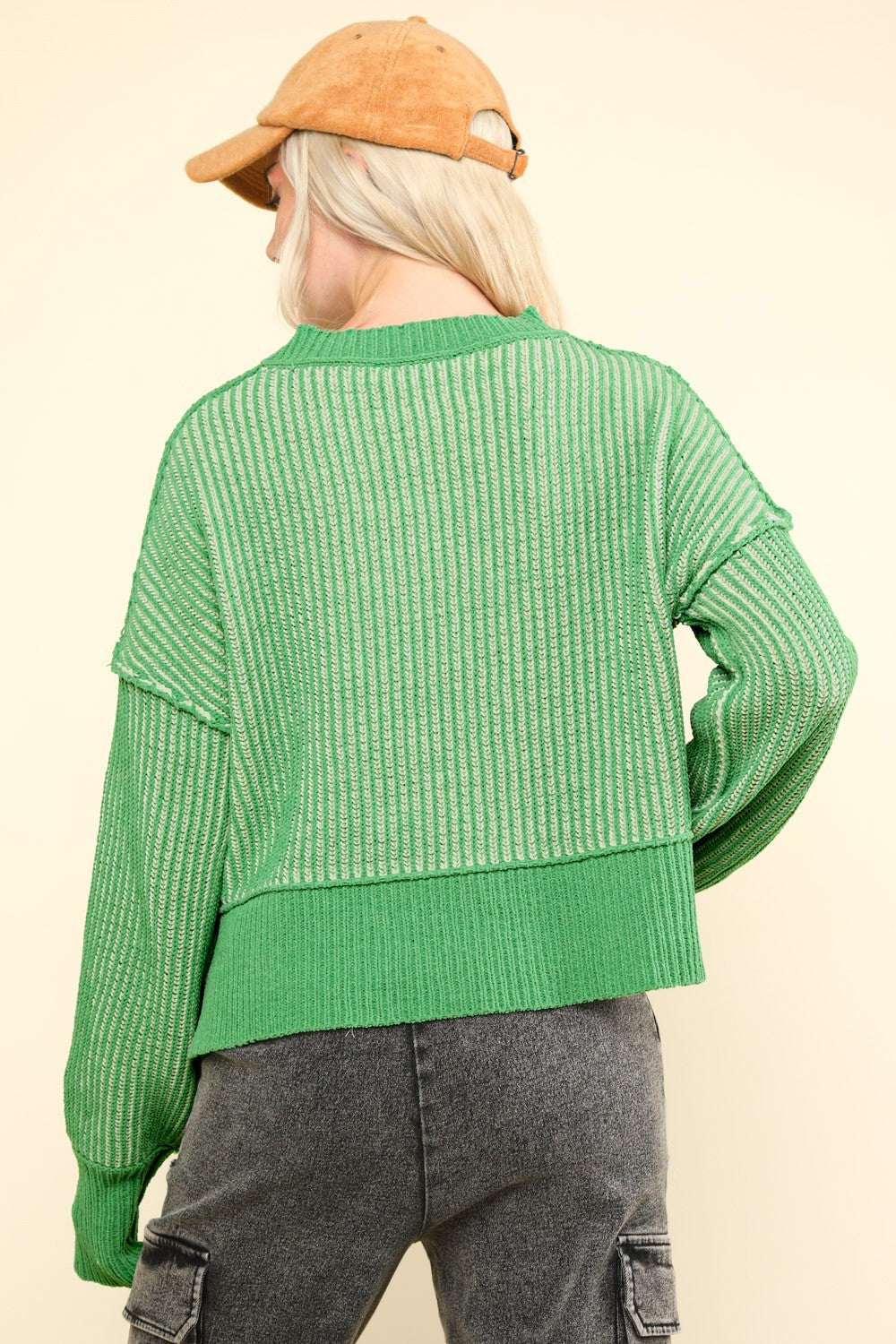 Exposed Seam Cropped Striped Slit Sweater - Green