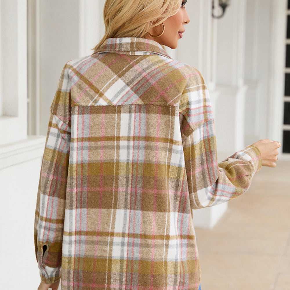 
                      
                        Snap Up Plaid Collared Neck Jacket with Pocket
                      
                    