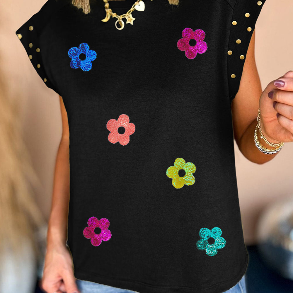 
                      
                        Studded Flower Round Neck Cap Sleeve Blouse
                      
                    