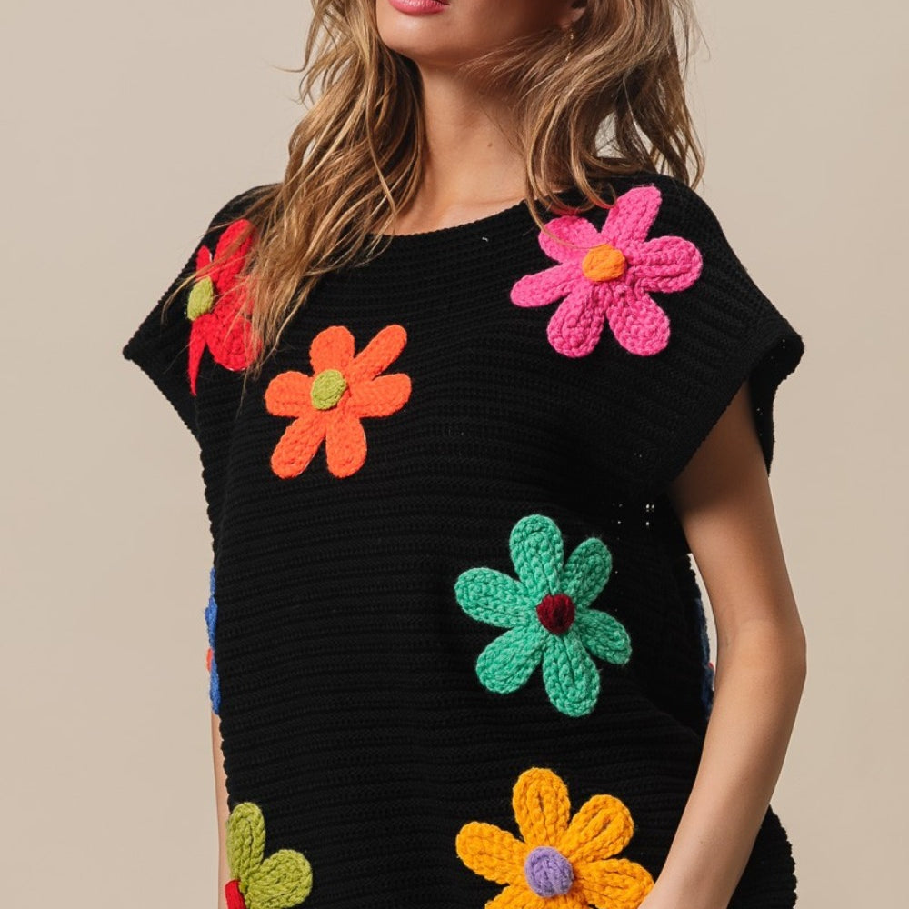 
                      
                        Flower Round Neck Cap Sleeve Knit Top
                      
                    