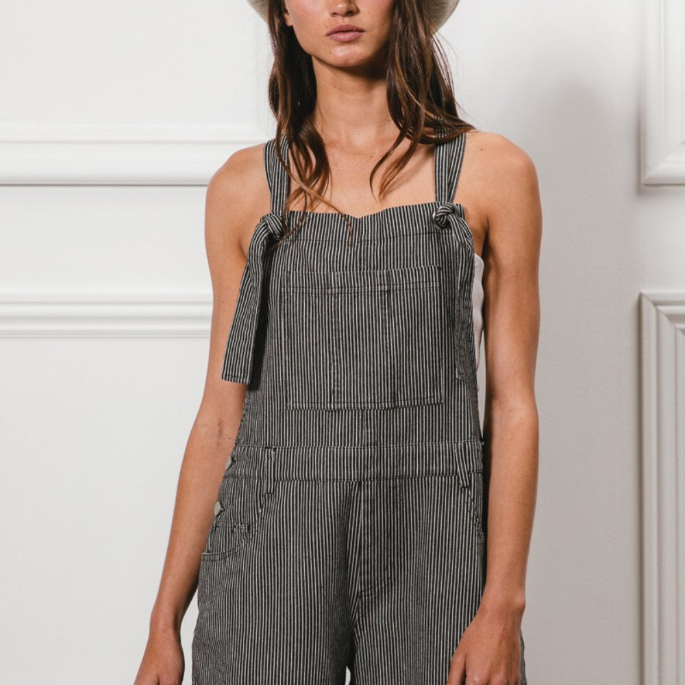 Tie Strap Washed Stripe Denim Overalls