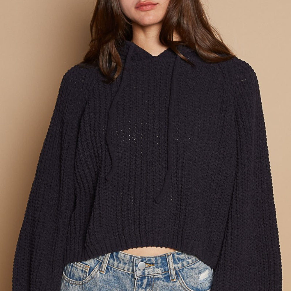 POL Back Open Slit Balloon Sleeve Crop Hooded Sweater