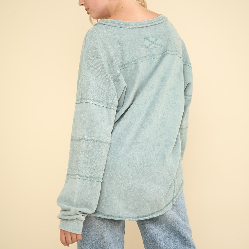 Washed V-Neck Exposed Seam Knit Top