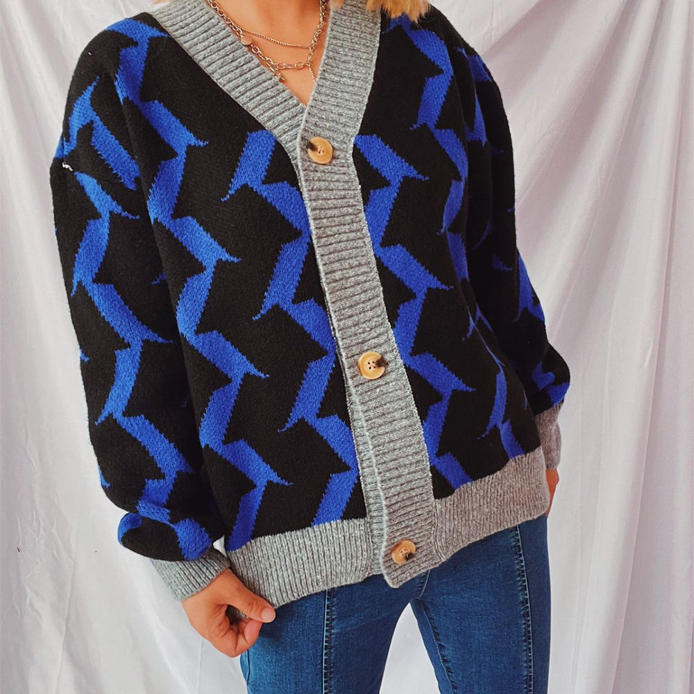 
                      
                        Contrast Trim Geometric V-Neck Long Sleeve Cardigan
                      
                    