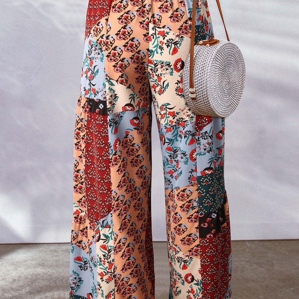 Drawstring Printed Wide Leg Pants