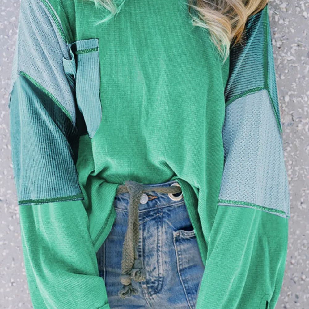 
                      
                        Patchwork Color Block Round Neck Long Sleeve Top
                      
                    