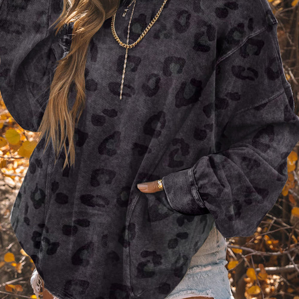 Leopard Round Neck Dropped Shoulder Sweatshirt